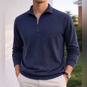-Brooks Brothers 100% Supima Cotton Navy 1/4 Zip Pullover Sweater Men's Sz Large
